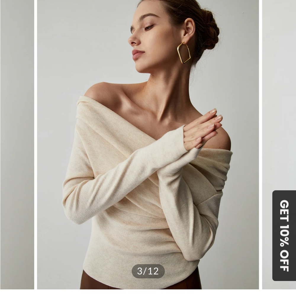 Off-Shoulder Wrap Long Sleeve Knit Top - Apricote